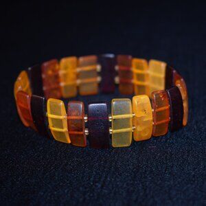 Baltic Amber Multicolor Natural Plate Bead Elastic Stretch Bracelet Honey Cognac
